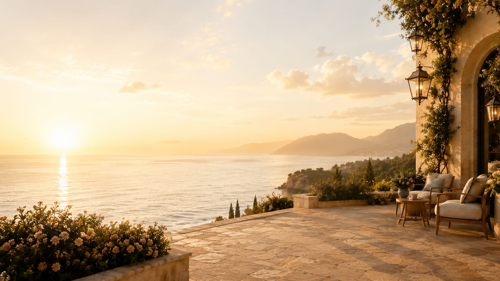 Luxury coastal terrace at golden hour
