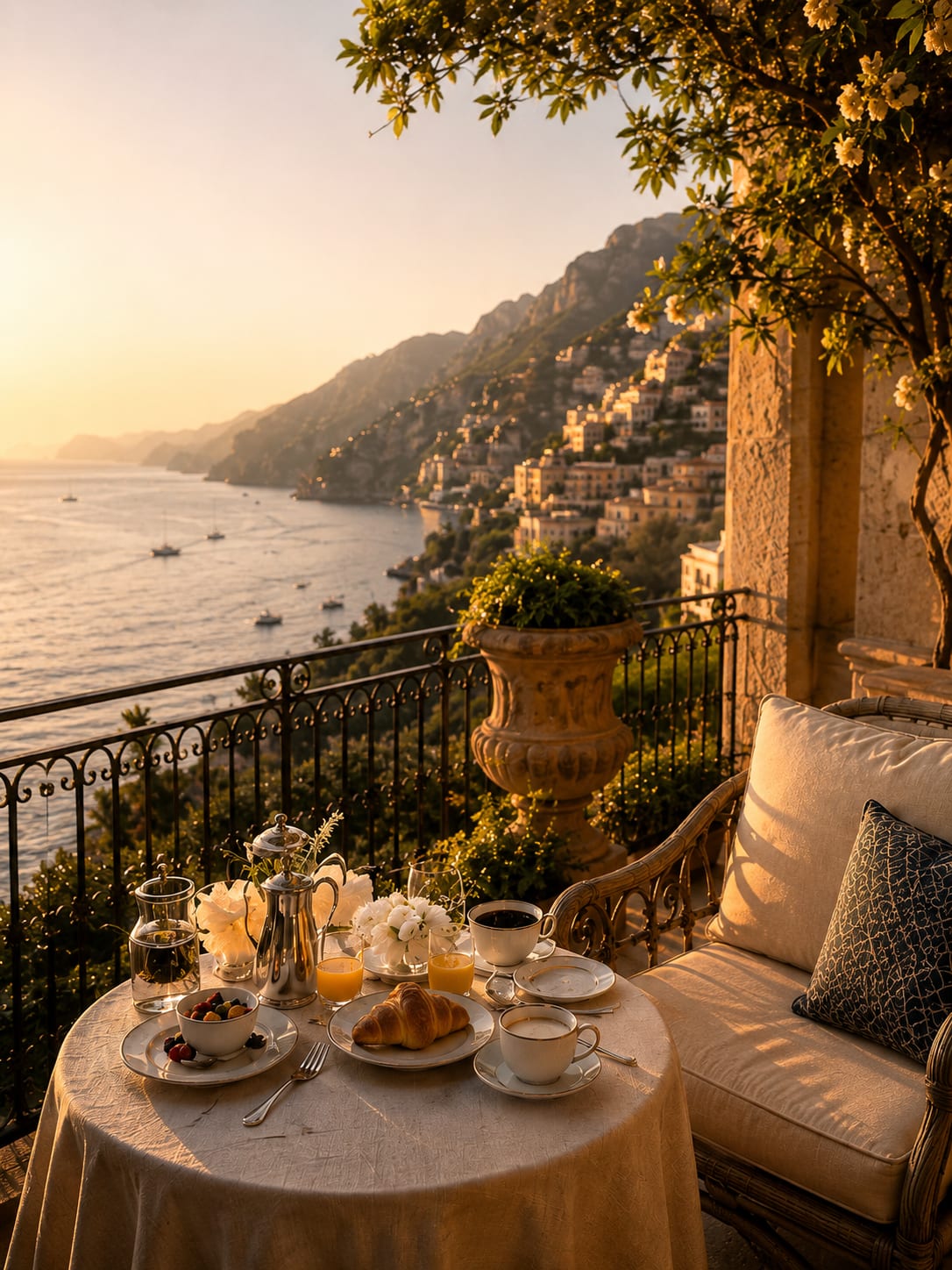 Luxury breakfast terrace overlooking the Amalfi Coast